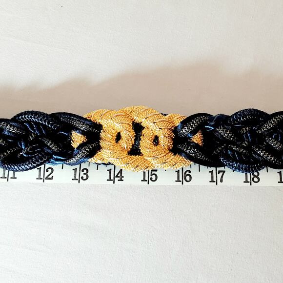 Corded Tapestry Belt Navy Blue Gold Tone 28 Waist Non Adjustable Hook Closure - Picture 10 of 12